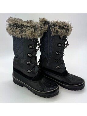 Lands End Womens Black Snow Boots Faux Fur Lined Waterproof Quilted US 9 EU 40